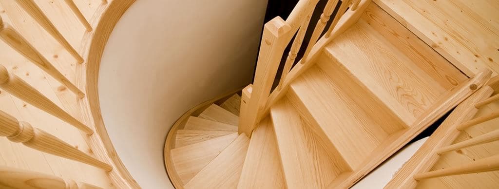 A spiral wooden staircase viewed from above — turned and assembled in Daniel’s workshop