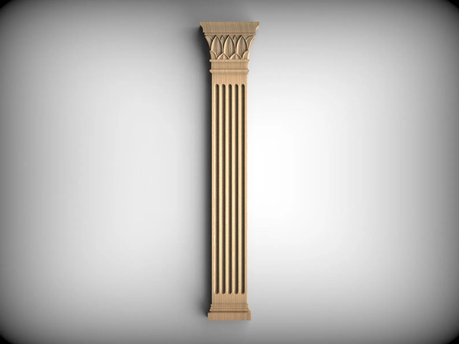 A hand-carved fluted wooden kitchen pilaster with a leaf-detail capital and moulded plinth, for framing cabinetry, larder units and range cookers