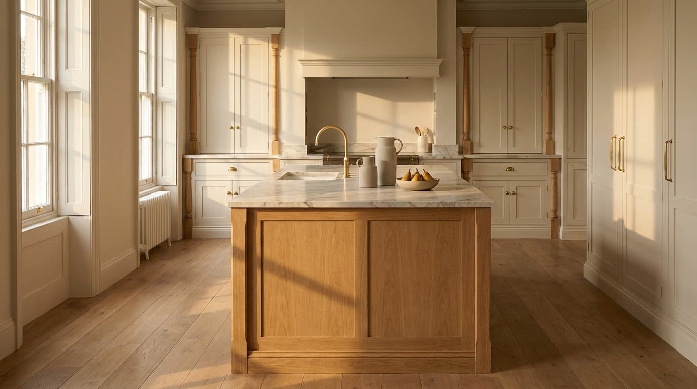 A traditional kitchen with hand-turned wooden pilasters flanking the range