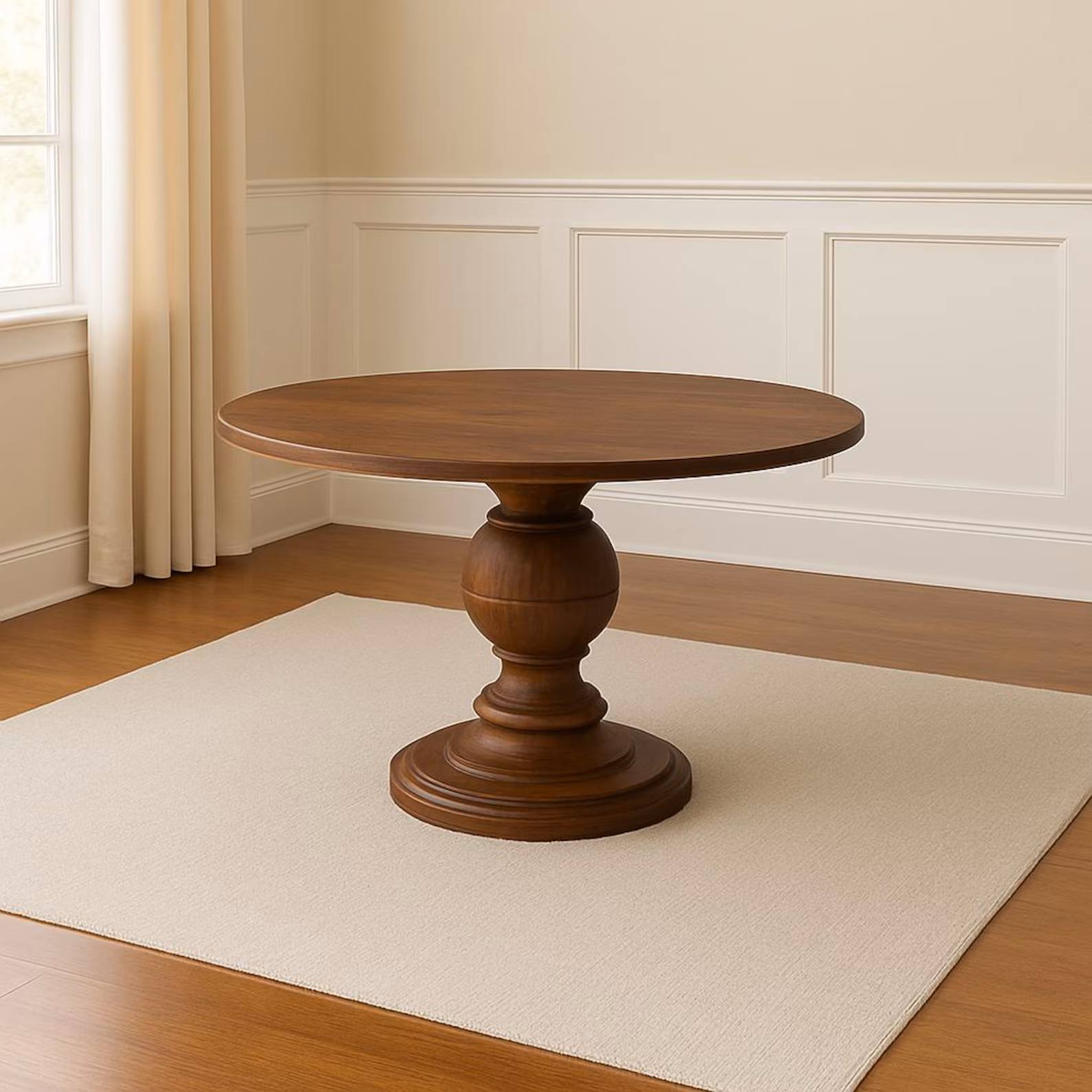 A round solid-wood dining table on a hand-turned central pedestal base with a shaped column and foot, made to specification in a choice of timbers