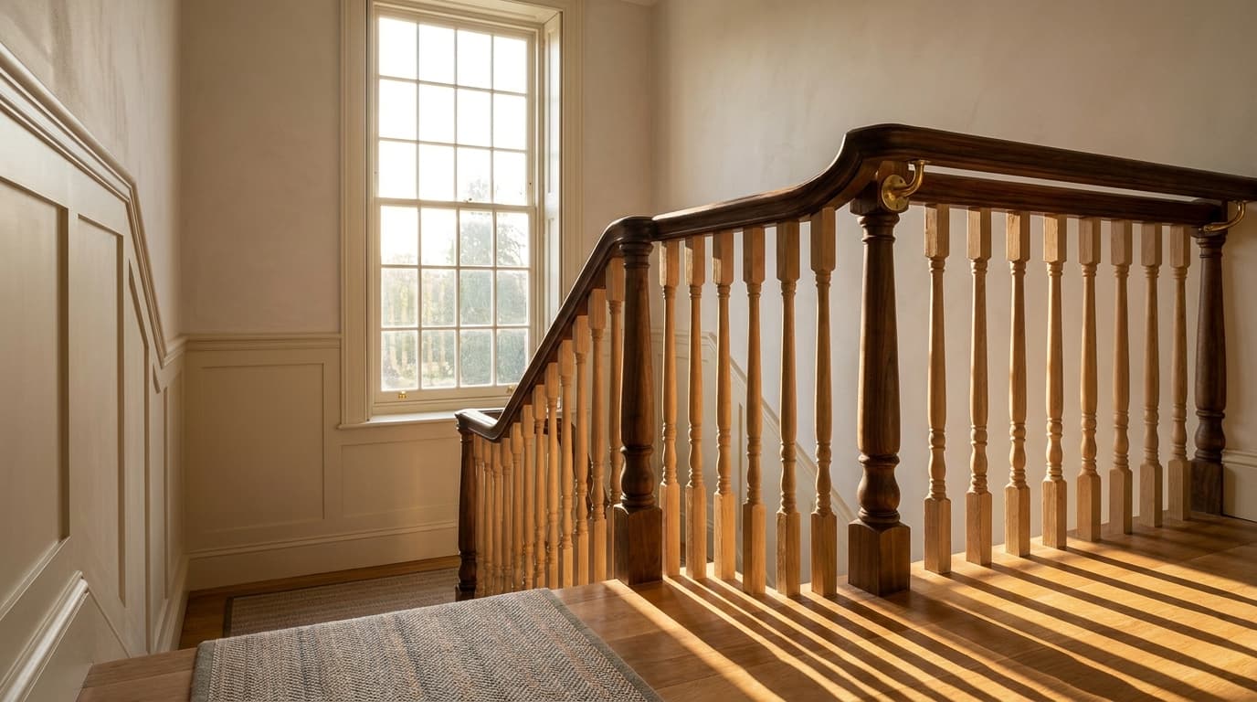 A staircase with hand-turned wooden spindles