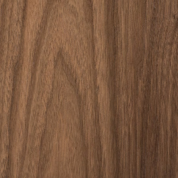 Walnut wood grain swatch — deep chocolate-brown timber with a flowing, characterful grain, the richest premium hardwood for luxury staircases and turned furniture